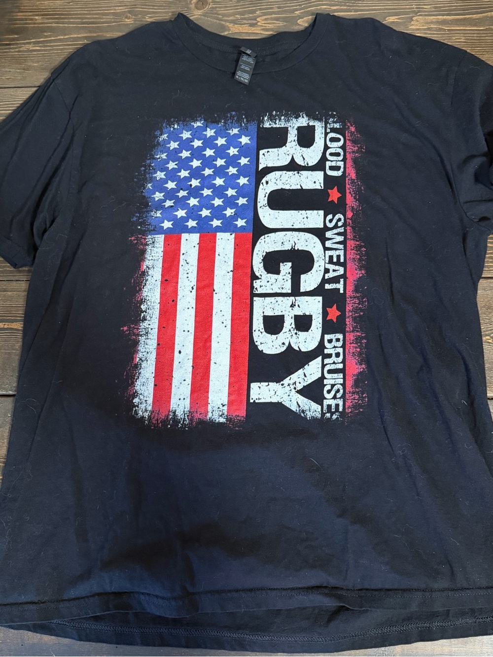 Gildan Black Short-Sleeve Rugby Tee with Red, White & Blue Flag Graphic